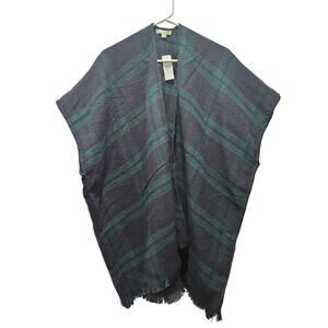 LOFT NWT Plaid Poncho Wrap Cape Teal Blue Fringe Sweater M/L Oversized